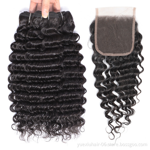 Brazilian Hair DEEP Wave Bundles With Closure 100% Virgin Human Hair Extensions Lace Closure 10A Grade